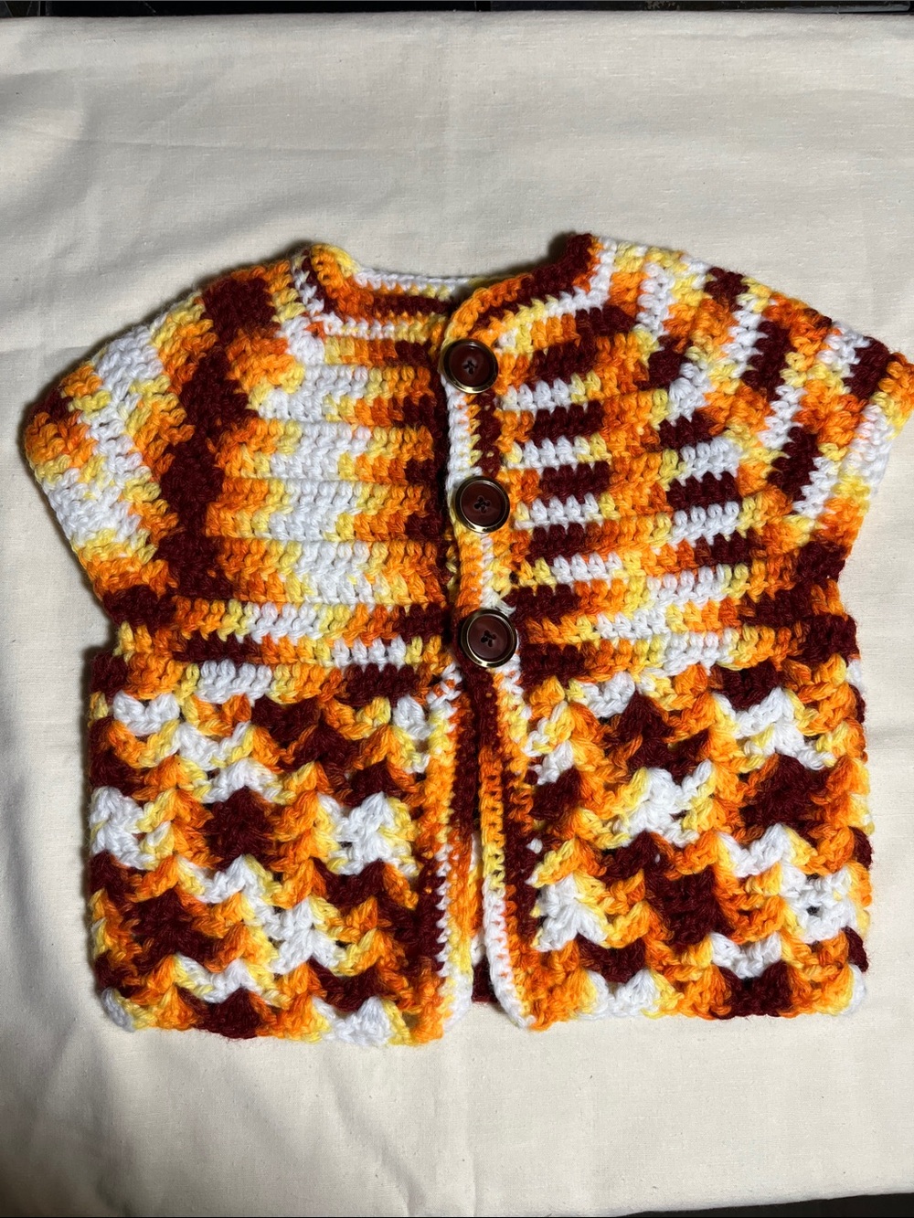 Hand Crafted Multicolor Crochet Kids Vest in White, Yellow & Brown